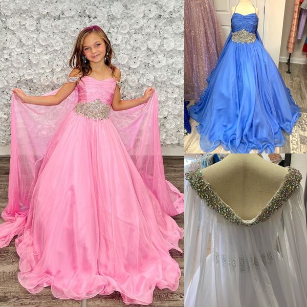 Pervinca Girl Pageant Dress 2023 Off-Shoulder Cape Crystals Chiffon Little Kid Compleanno Abito da festa formale Infant Toddler Teens Preteen Tiny Young Junior Miss Mint