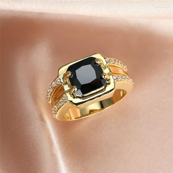 Fedi nuziali Vintage Donna Anello in pietra di cristallo nero Colore oro giallo Grande per le donne Promessa Sposa Fidanzamento quadrato