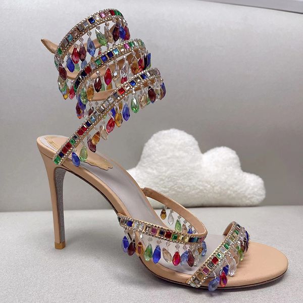 Stiletto salto alto jóias sandálias cobra entrelaçamento elegante sandália Rene Caovilla cristal ouro strass vestido sapatos solas de prata mulheres verão