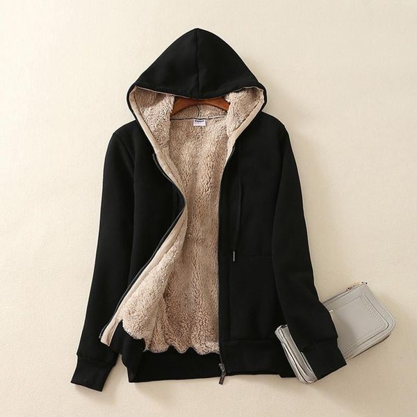 Mulheres de lã feminina Mulheres Harajuku Plus Velvet Fleece Zip quente com capuz Jaqueta de moletom casual