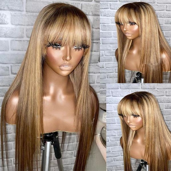 Peruca frontal de renda franja loira destaque em linha reta perucas de cabelo humano com franja natural linha fina preplucked remy