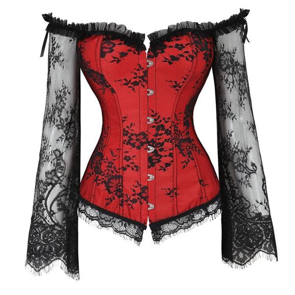 Bustier Corsetti Corsetto Top Bustier Lingerie Donna con maniche lunghe Rinascimento Plus Pizzo Floreale Costumi sexy Burlesque Rosso Nero