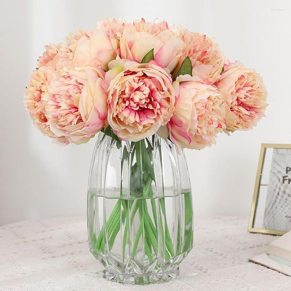 Fiori decorativi 5 teste fiore artificiale bellissimo bouquet di peonia rosa di seta grande rosa falso per la tavola di nozze vaso per feste decorazione della casa