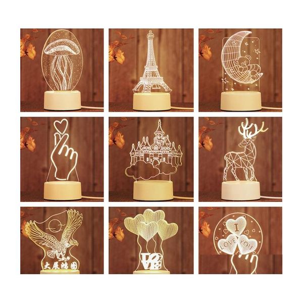 Favore di partito 3D Night Light Creativo Led Camera da letto Decorazione Piccola lampada da tavolo Romantico modello Colorf Regalo Home Decor Drop Delivery Ga Dhpmf