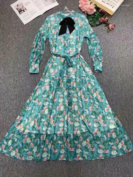 Casual Kleider 2023 Frühling Langes Kleid Hohe Qualität Frauen Drehen-unten Kragen Süße Kleine Blumen Druck Bogen Deco Hülse lose