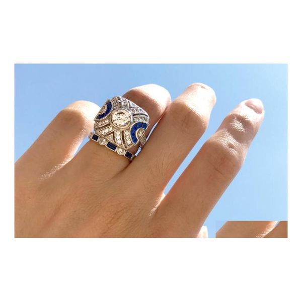 Fedi nuziali Gioielli di moda vintage 925 Sterling Sier Fill Blue Sapphire Cz Diamond Gemstones Eternity Women Bridal Ring Set For M Dhewv