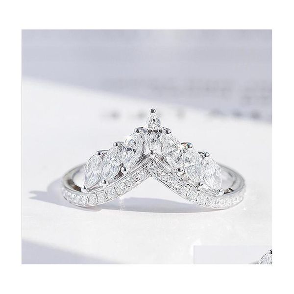 An￩is de casamento Tamanho 610 J￳ias de luxo Real 925 Sterling Sier Crown Ring Fl Marquise Cut White Topaz CZ Diamond Moissanite Women Band Dhkng