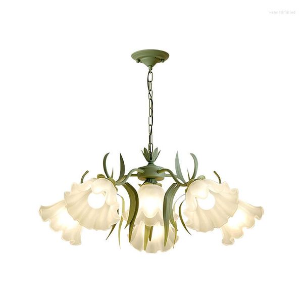 Lampes suspendues Lustre de salon pastoral français moderne créatif orchidée de la vallée verre rétro salle à manger éclairage de chambre