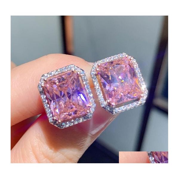 Стад Чуконг Топ продает серьги роскошные украшения 925 стерлингов сперфанная принцесса Cut Pink Topaz Cz Diamond Gemstones Eternity Women Wedding Dhfyl
