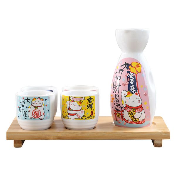 Japanisches Glückskatzen-Sake-Set, Keramik-Trinkgeschirr, Maneki Neko, 1 Flasche, 4 Tassen, traditionelle asiatische Weingeschenke