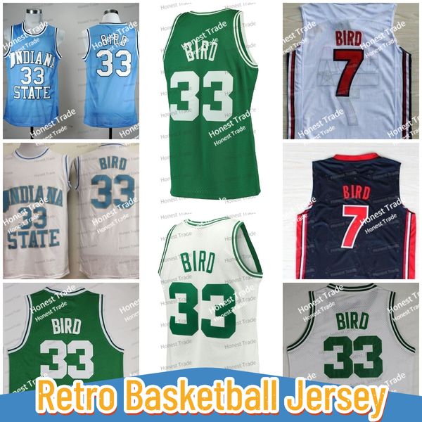 33 Larry Bird Retro-Basketballtrikot Indiana State Sycamores 1992 Basketballteam 7 Bird Blau Weiß Grün Throwback Herren-Ed-Trikots