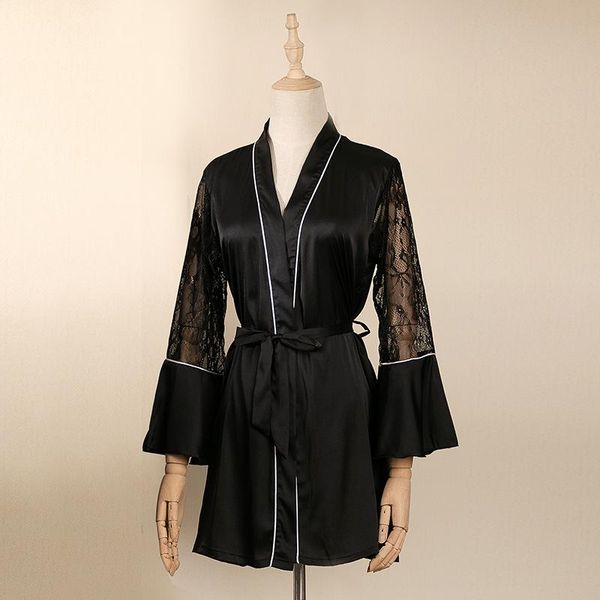 Damen-Nachtwäsche, Satin-Spitze-Patchwork-Robe, Damen-Schwarz-Kimono-Kleid, Sommer, weiblicher Bademantel, lässiges Nachthemd, Heimkleidung