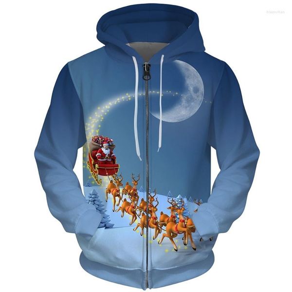 Hoodies masculinos Cloudstyle 3d meia lua zíper capuz de natal elk neve casual manga longa moletons poliéster navio rápido plus size 5xl