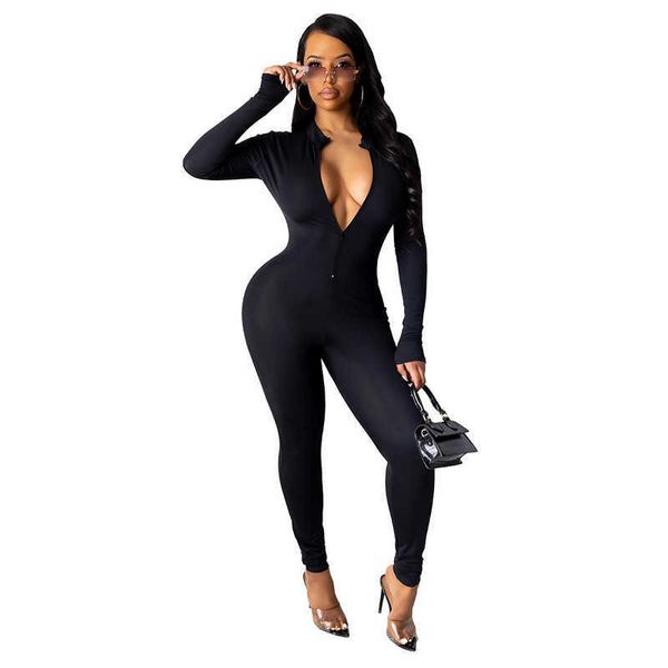 Mulheres de cor sólida Mullos com zíper de manga longa Sexy Slim Fit Lady Leggings Onepiece calças