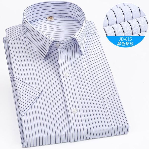 Camisas casuais masculinas camisa de meia-idade e velha camisa de negócios curta de manga quadrada bolso de pescoço de pescoço não ferro listrado de porta-vozes