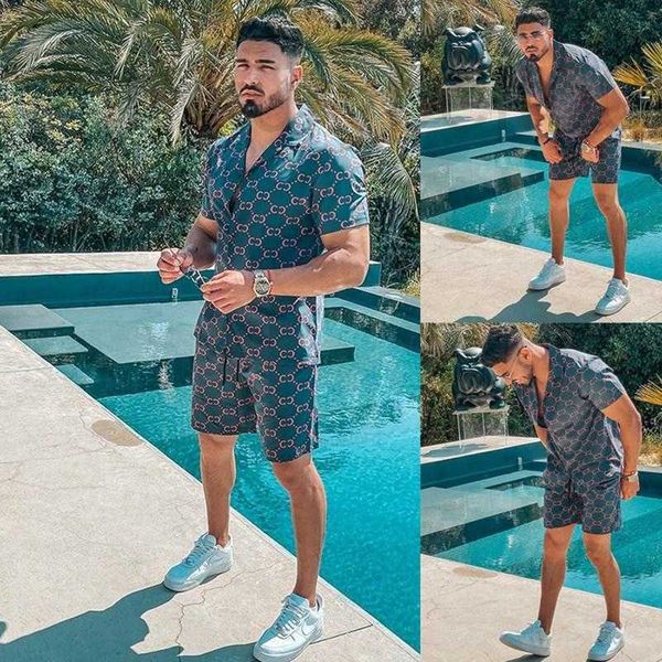 Fatos de treino masculinos, conjuntos havaianos estampados verão Harajuku, manga curta, camisa de botão, shorts de praia, streetwear, terno masculino casual, 2 peças D7SD