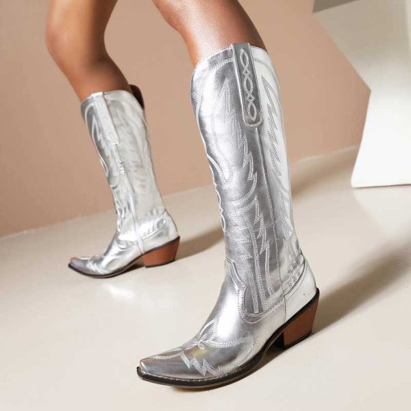 Botas Prata Inverno Feminino 2022 Brilhante Metalizado Western Denim Bordado Joelho Bico Alto Sapatos Outono Botas Mujer 221215