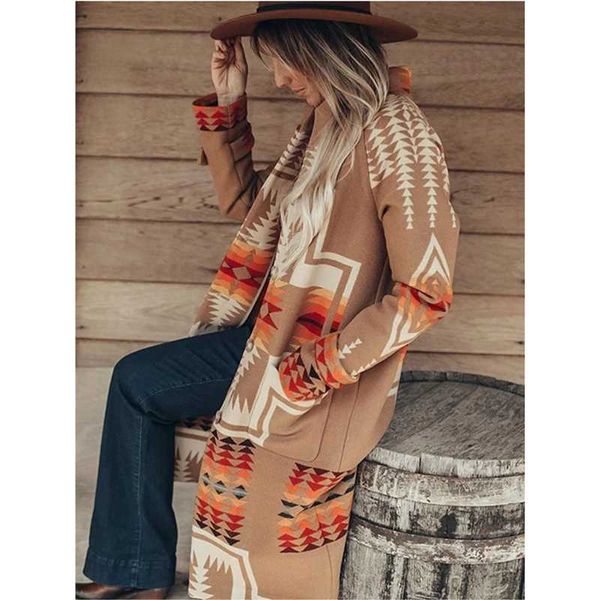 Женская шерстяная смеси Maxi Winter Coat Casual Fashion Lady Elegant Geometry Printed Outerwear 2023 Euramerican женская одежда