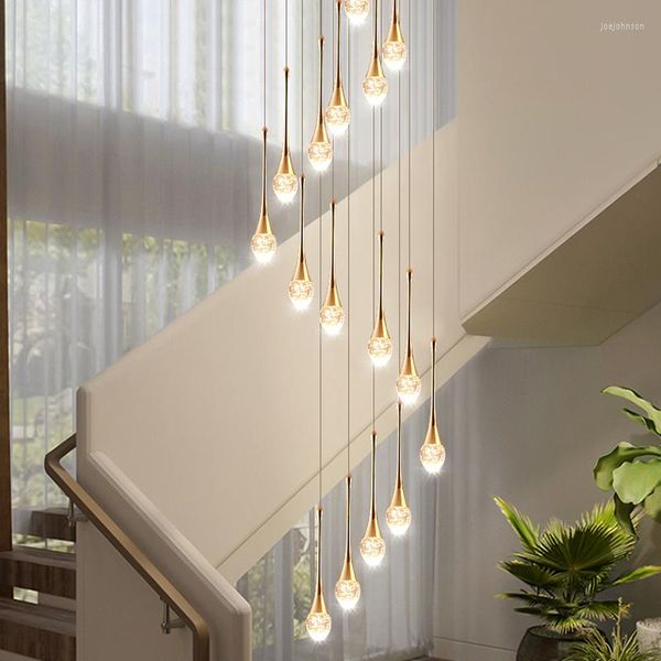Lâmpadas pendentes estilo lustre cristaleiro anel de ouro pendurado iluminação lâmpada criativa Lâmpadas LEDs LEDs internas escada longa de escada longa
