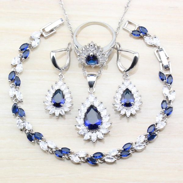 Halskette-Ohrringe-Set, erstaunliche Damen-Trendaccessoires, blau-weiße Zirkon-Armband-/Ring-Sets