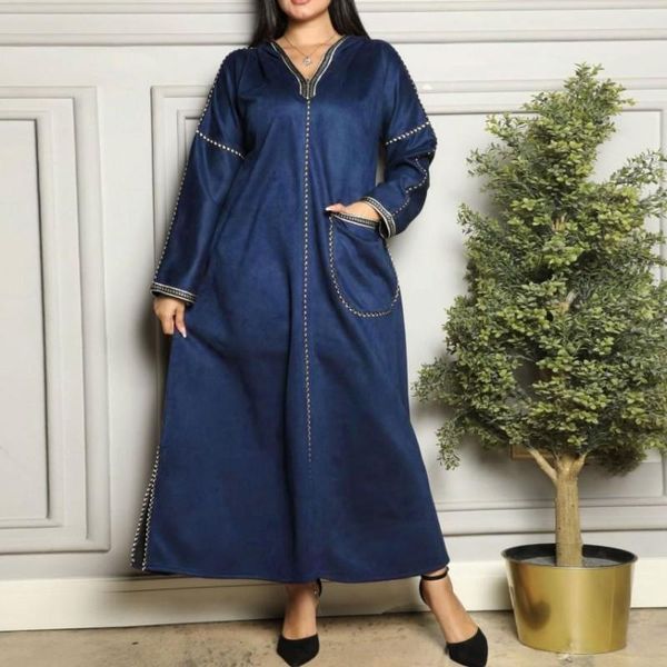 Abiti casual Abito lungo blu Musulmano Tasca invernale in pizzo con cappuccio Abito da donna allentato Dubai Abaya Kaftan Eleganti abiti vintage da donna