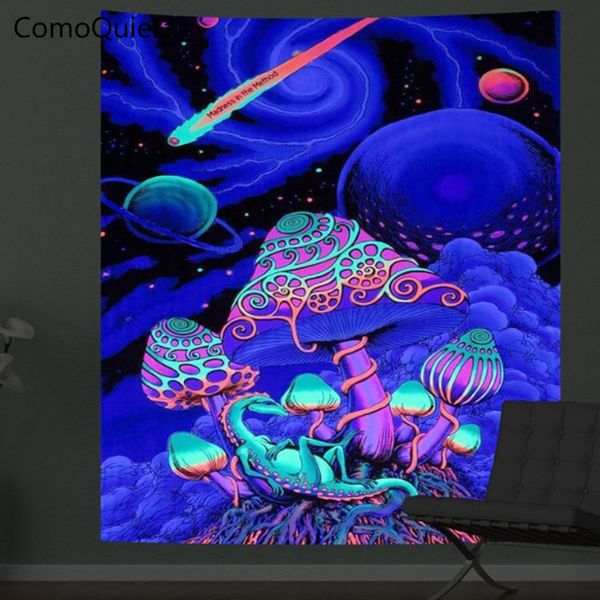 Tapeçaria Cogumelo Essência psicodélica Tapeçaria Pano para pendurar na parede Decoração do quarto Cartaz de arte Brilho sob luz ultravioleta 230106