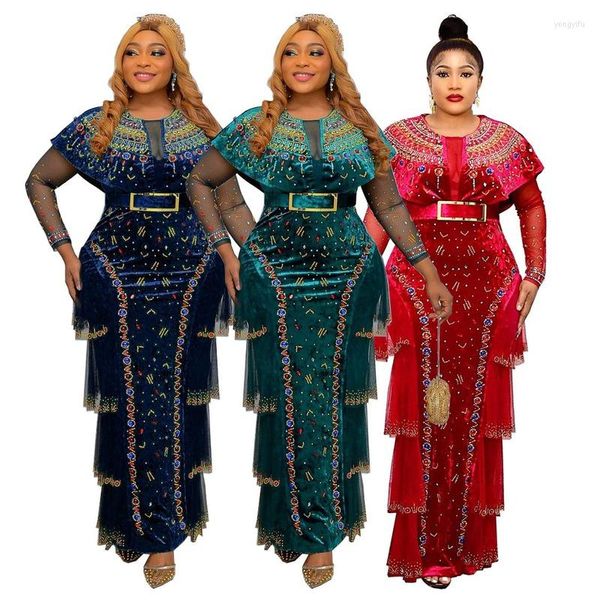 Casual Kleider 2023 Ankunft Strass Abend Party Mode O Neck African Für Frauen Samt Stretch Maxi Kleid mit Gürtel