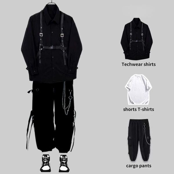 Tute da uomo HOUZHOU Techwear Set di pantaloni Uomo Punk Completi da 3 pezzi Pantaloni cargo neri Camicie a maniche lunghe Streetwear coreano Hip Hop Primavera 230106