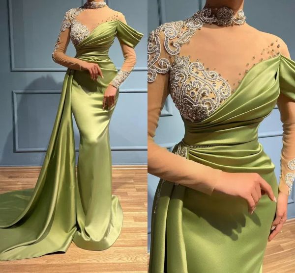 2023 Minchas de luxo Mermaid Vestidos de noite dubai árabe Dubai pura de manga longa Pescoço alto Apliques de lantejoulas Cristais de ocasião formal Os vestidos de baile vestidos BC14856