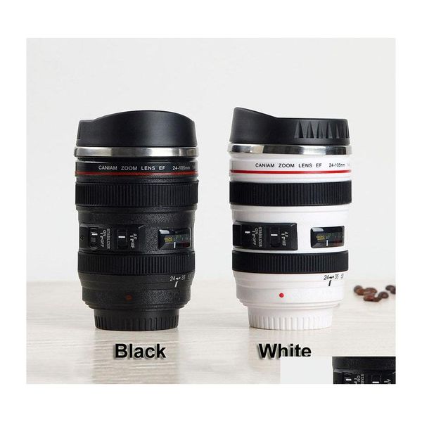 Tazze Creative 400Ml Camera Lens Mug Bicchiere portatile in acciaio inossidabile Viaggio Latte Caffè Novità Tazze a doppio strato Dh1348 Drop Delive Dhebh