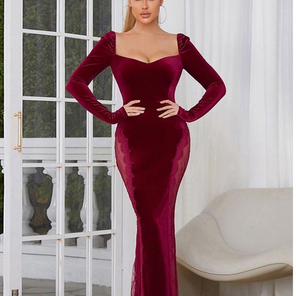 Casual Kleider 2023 Herbst Winter Frauen Sexy Spitze Burgund Samt Mesh Langarm Kleid Seite Schlitz Bodycon Party Elegant