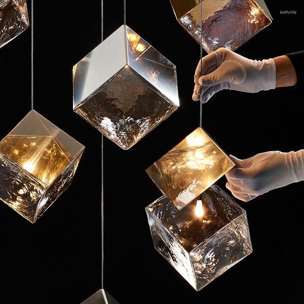Lâmpadas pendentes escadas criativas Tons de vidro de gelo G4 Luzes LED Lustre Bated Gold / Chrome Aço Lâmpada de lâmpada pendurada