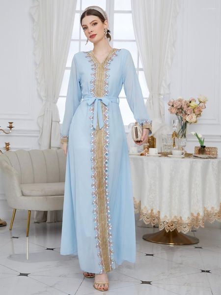 Ethnische Kleidung Chiffon Marokko Kleid Muslimische Frauen Abaya Gebet Spitze-up Langarm Robe Indien Abayas Dubai Türkei Longue Vestidos Largos