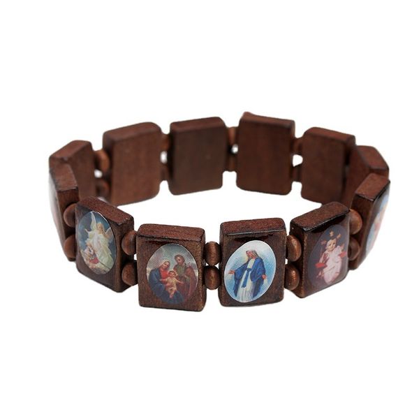 Jóias naturais de charme de madeira Virgem Maria Jesus Cristão Fé Rosário Bracelet Jóias Religiosas por atacado