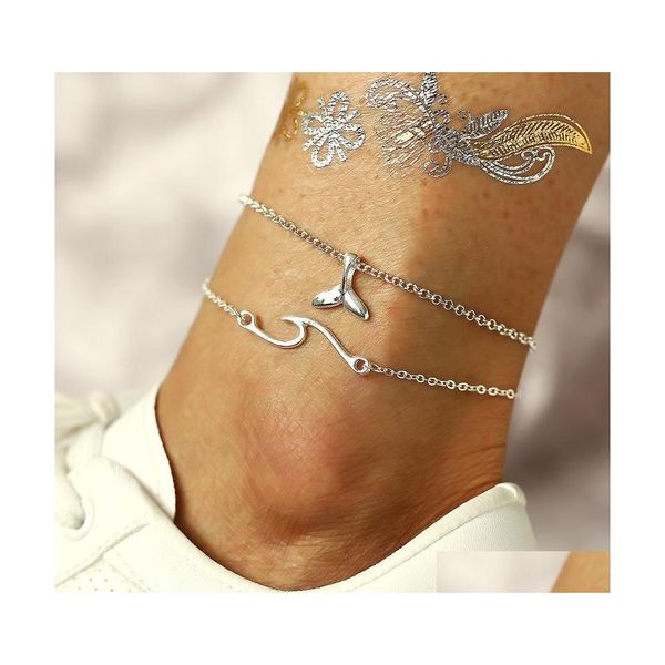 Fußkettchen Einfache Silber Farbe Doppelschichtig Für Frauen Sommer Strand Fischschwanz Welle Fußkette Knöchel Armbänder Am Bein Schmuck Drop Liefern Dhulk