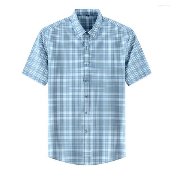 Camisas casuais masculinas de verão moda xadrez curta de manga curta camisa de cetim de cetim