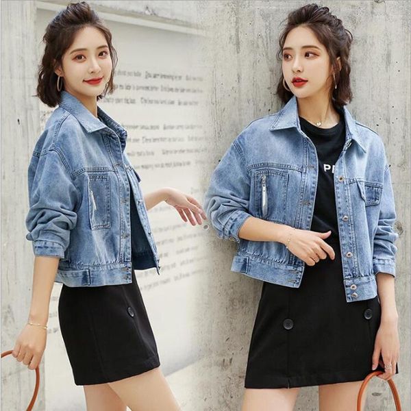 Damenjacken Frühlings- und Herbst-Jeansjacke für Damen mit kurzer Höhe, kurzer Jeans-Mantel, locker sitzende, coole Tops im College-Stil für Mädchen im koreanischen Stil