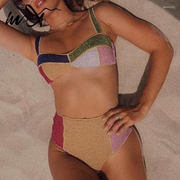 Damenbadebekleidung In-x Farbblock-Bikini 2023 Glänzender Badeanzug Frauen Hohe Taille 2-teiliges Set Bandeau Eleganter Badeanzug Biquini Beste Qualität