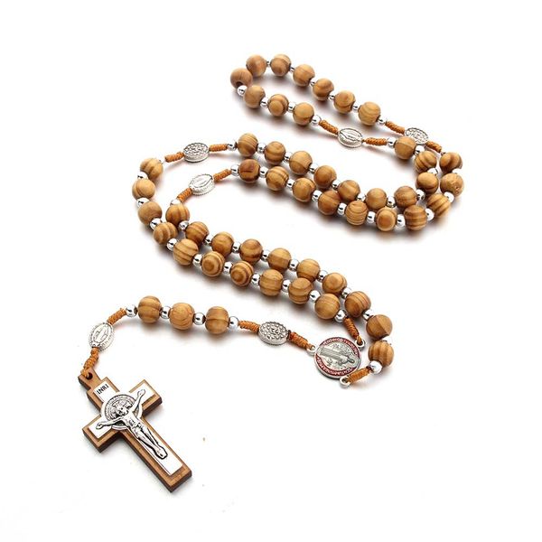 Collana con ciondolo croce di pino naturale Collana con rosario cattolico Collana con esorcismo religioso cristiano di Gesù Gioielli tessuti a mano