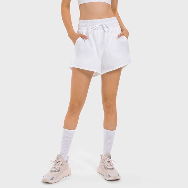 L361 Wassergekühlte Stoff-Yoga-Shorts für Damen, hoch geschnitten, gefüttert, kurze 5-Zoll-Hotpants, Kordelzug, atmungsaktiv, integrierte Sport-Shorts
