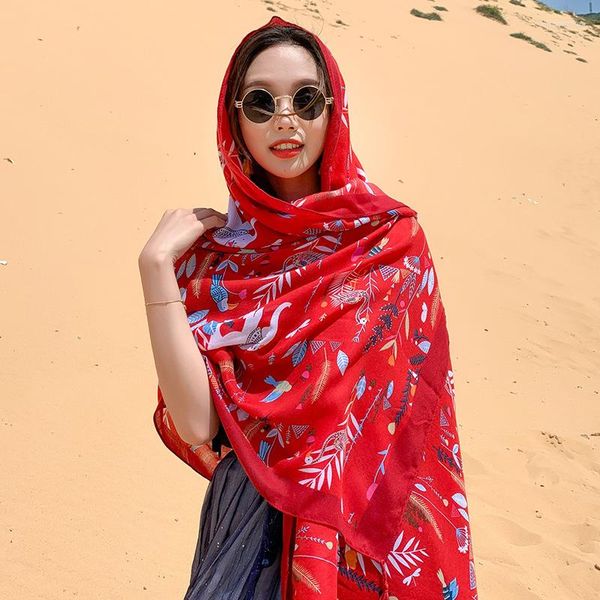 Sciarpe Moda Primavera Estate Donna Cotone Viaggio Stampa Spiaggia Sciarpa di seta Scialle Donna selvaggia Avvolge Protezione solare lunga Protezione solare Hijab