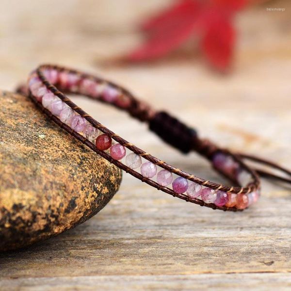 Braccialetti di fascino Simpatico involucro di pietra per le donne Cavo di tormalina rosa Braccialetto vegano Braccialetto 4mm Perline Braclet Regali di gioielli di Natale