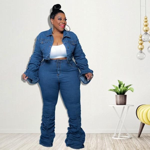 Tute 2023 Autunno Plus Size Donna Set Giacca di jeans a maniche lunghe e pantaloni impilati Moda a due pezzi Jean Set Sexy Lady Outfit all'ingrosso