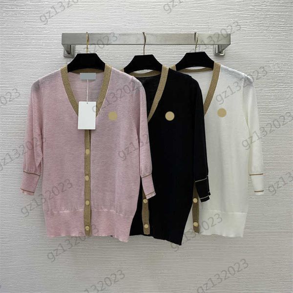 Cardigan Donna Maglione Filo dorato Logo Ricamo Manica 3/4 Scollo a V Maglione lavorato a maglia Bottone personalizzato Aperto Sottile Sottile Maglieria Cardigan Maglioni per donna