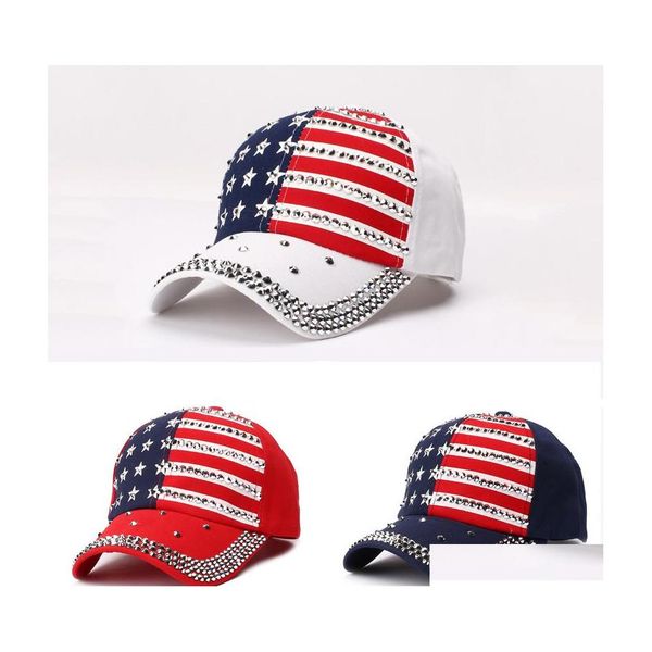 Andere Home Textil Fashion Rivet Baseball Cap Trump Präsident Wahlhut Diamond Bling Sport Ball Snapback Amerika Flag Sun Drop d Dhg60