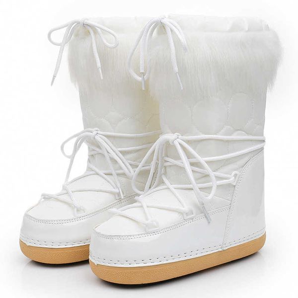 Boots 2022 Winter Women Mid-Calf Snow Brand Платформа Пушистая меховая кружевная лыжна