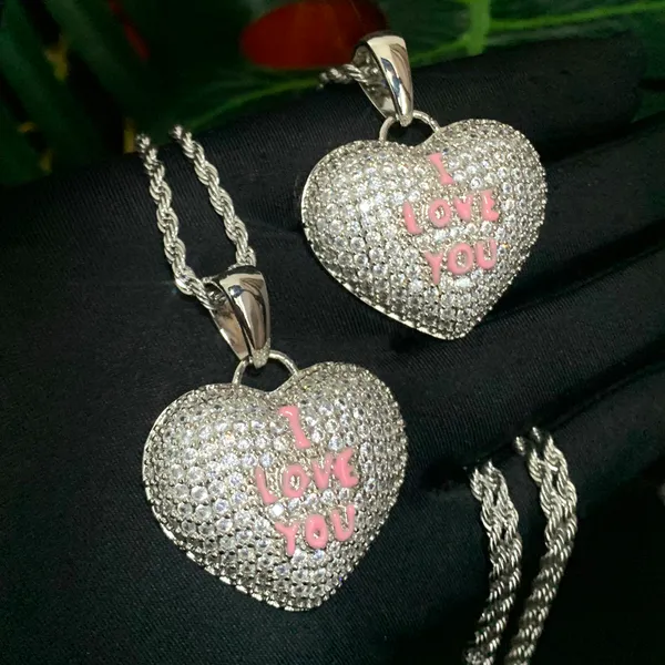 Collana con ciondolo a cuore da uomo e donna Hip Hop Iced Out Bling Cz smalto rosa lettera ti amo gioielli di moda hiphop