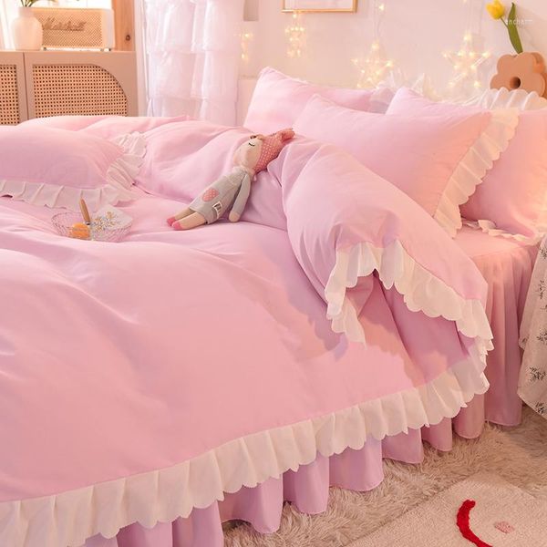 Bettwäsche-Sets Luxus-Set Prinzessin Bogen Rüschen Bettbezug Hochzeit Rosa Mädchen Babybett Rock Quilt Twin Bettwäsche