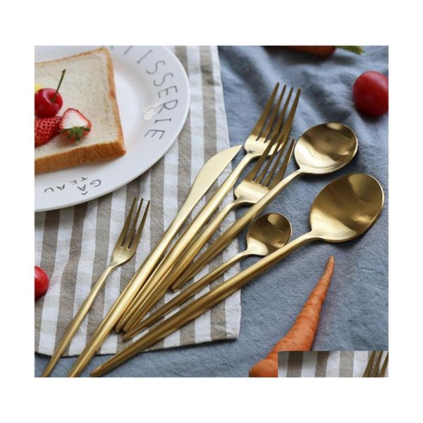 Столовые наборы наборов из нержавеющей стали на посуделовой посуде золотой нож для еды ложки вилка палочки для еды кофе излишнее западное ужин десерт Катлеры Drop Dhomi