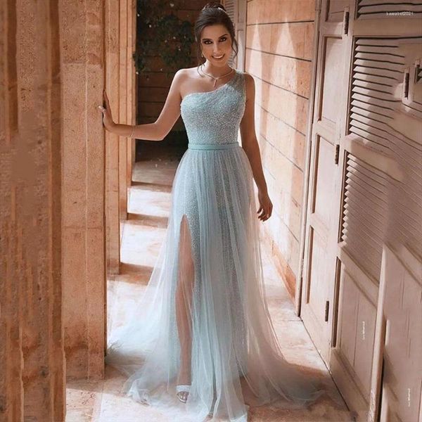 Abiti da festa Abito da ballo con paillettes blu cielo con una spalla e spacco alto Abito da sera formale con scollo a barchetta Abito da donna elegante e lussuoso